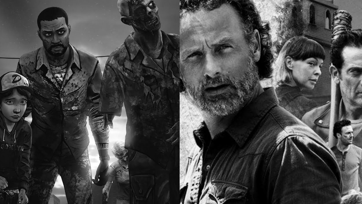 A montage of The Walking Dead TV show and video game